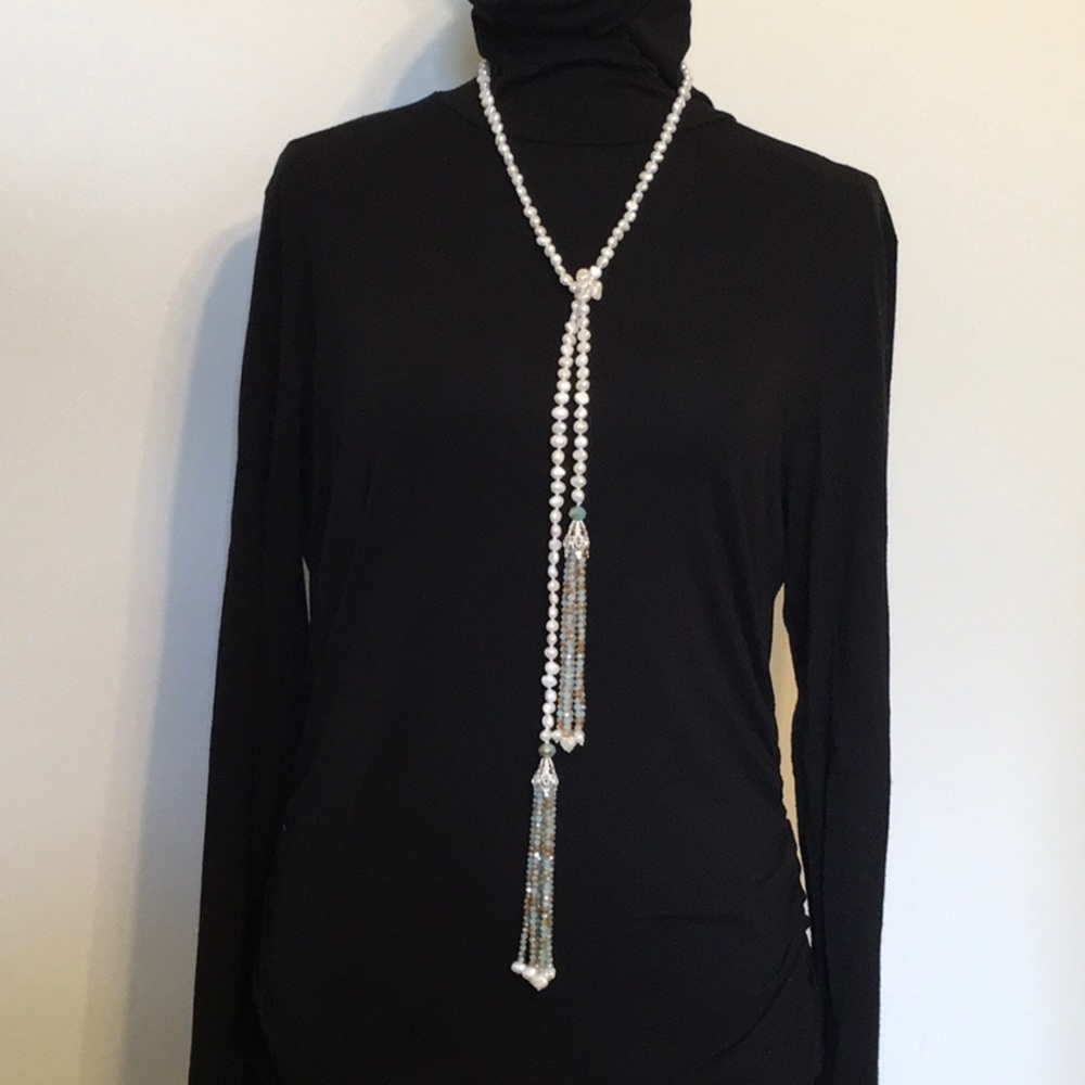 Gorgeous Genuine Freshwater Pearl & Crystal Lariat - Picture 3 of 8